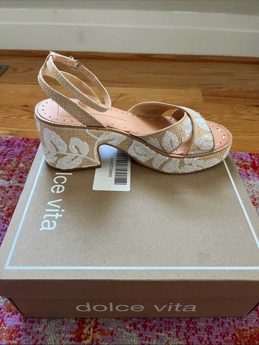 Eniko Dolce Vita Beige & White Sequin Platform Sandals with Ankle Strap